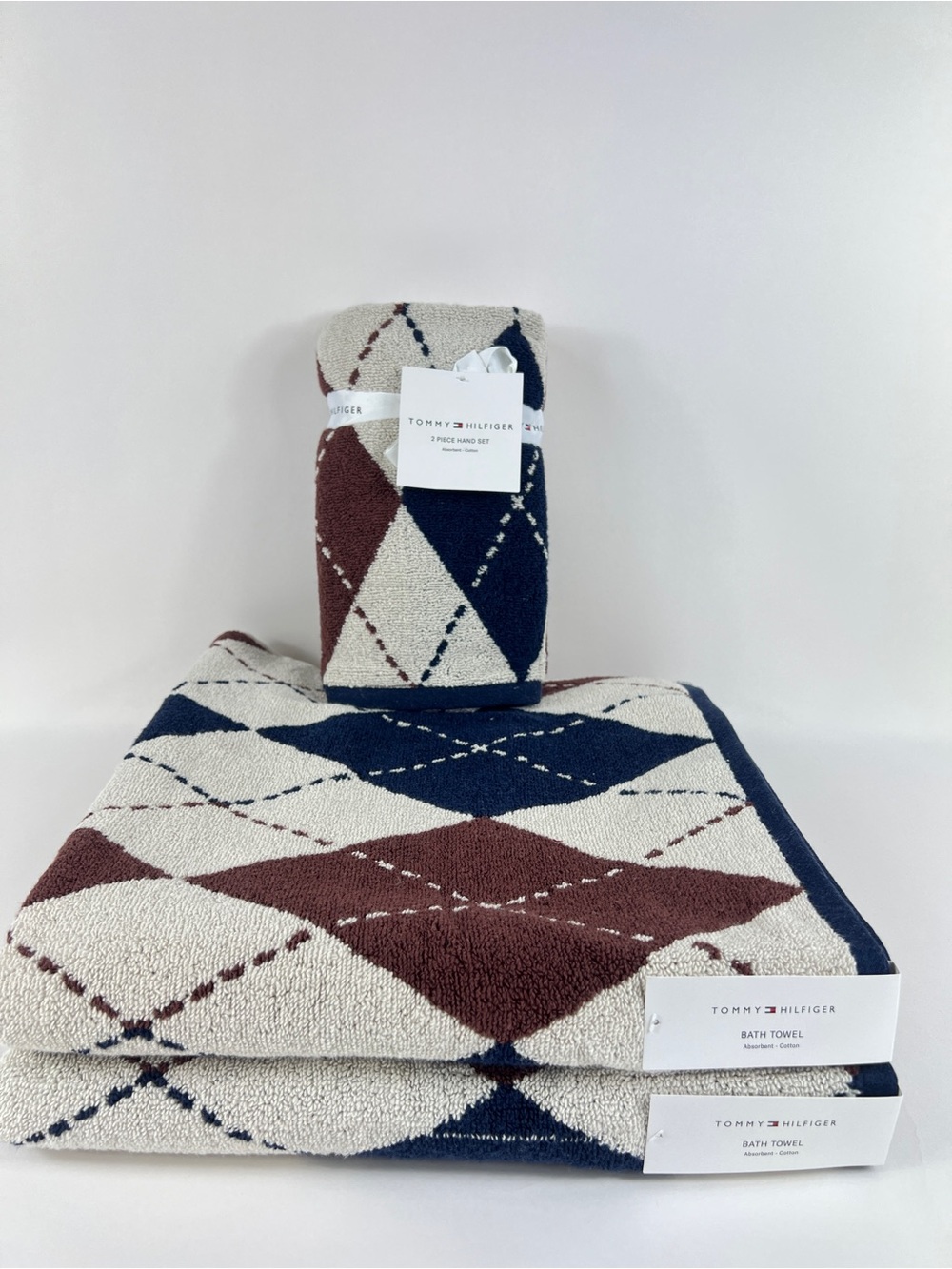 Tommy Hilfiger 4 Pc Bath Towel Set Cream Navy Brown Argyle 100% Cotton NEW